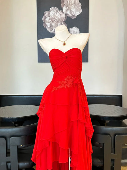 Atemberaubendes rotes trägerloses High-Low Chiffon langes Ballkleid Abendkleid P4829