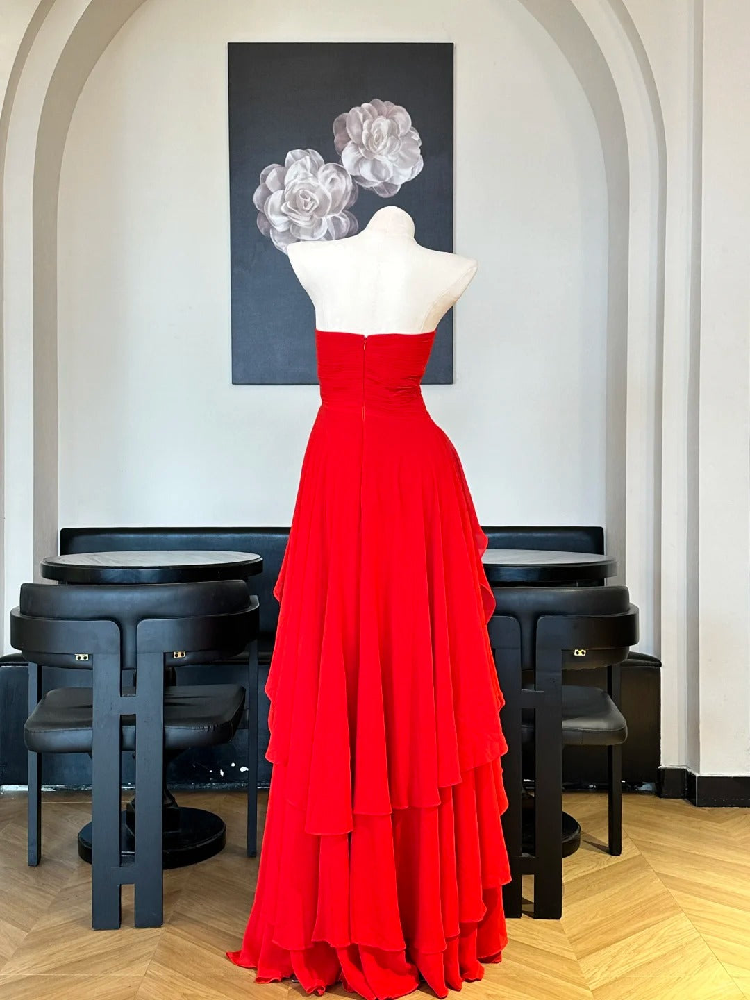Atemberaubendes rotes trägerloses High-Low Chiffon langes Ballkleid Abendkleid P4829