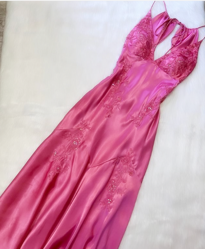 Schickes Meerjungfrauen-Abendkleid aus rosa Satin mit Spaghettiträgern, langes Ballkleid P2360