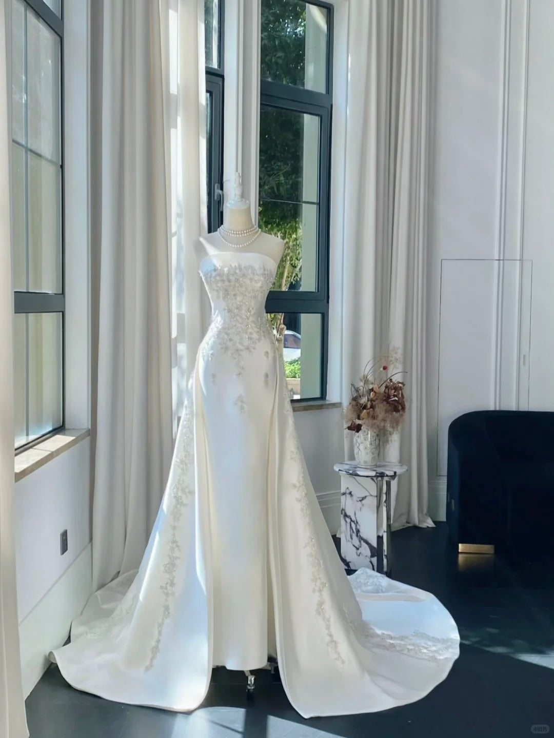 Elegant White Mermaid Strapless Beaded Satin Wedding Dress with Train P4083