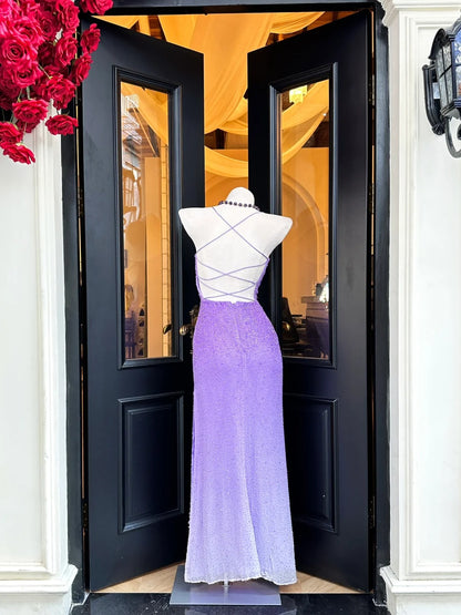 Verträumtes lila, perlenbesetztes, rückenfreies langes Ballkleid aus Tüll, Abendkleid P4831