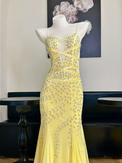 Vintage gelbes Meerjungfrauenblatt Perlen Tüll langes Ballkleid Abendkleid P4832