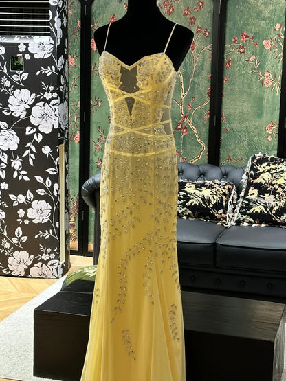 Vintage gelbes Meerjungfrauenblatt Perlen Tüll langes Ballkleid Abendkleid P4832