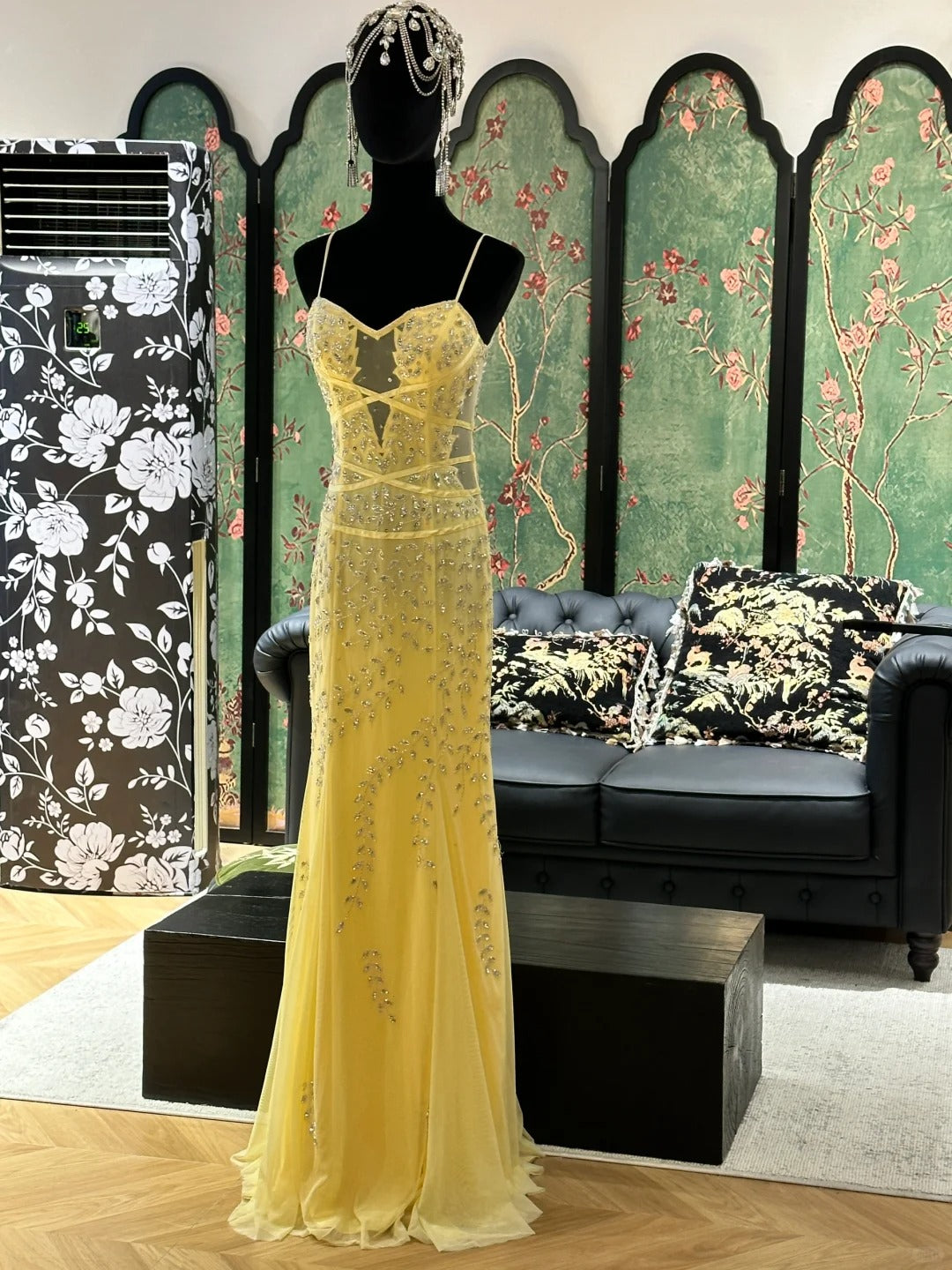 Vintage gelbes Meerjungfrauenblatt Perlen Tüll langes Ballkleid Abendkleid P4832