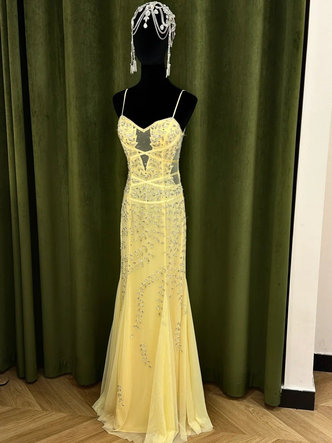 Vintage gelbes Meerjungfrauenblatt Perlen Tüll langes Ballkleid Abendkleid P4832