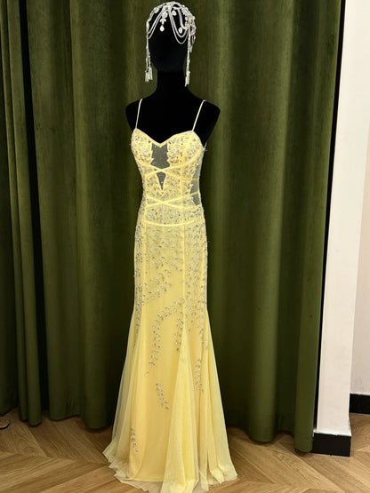 Vintage gelbes Meerjungfrauenblatt Perlen Tüll langes Ballkleid Abendkleid P4832