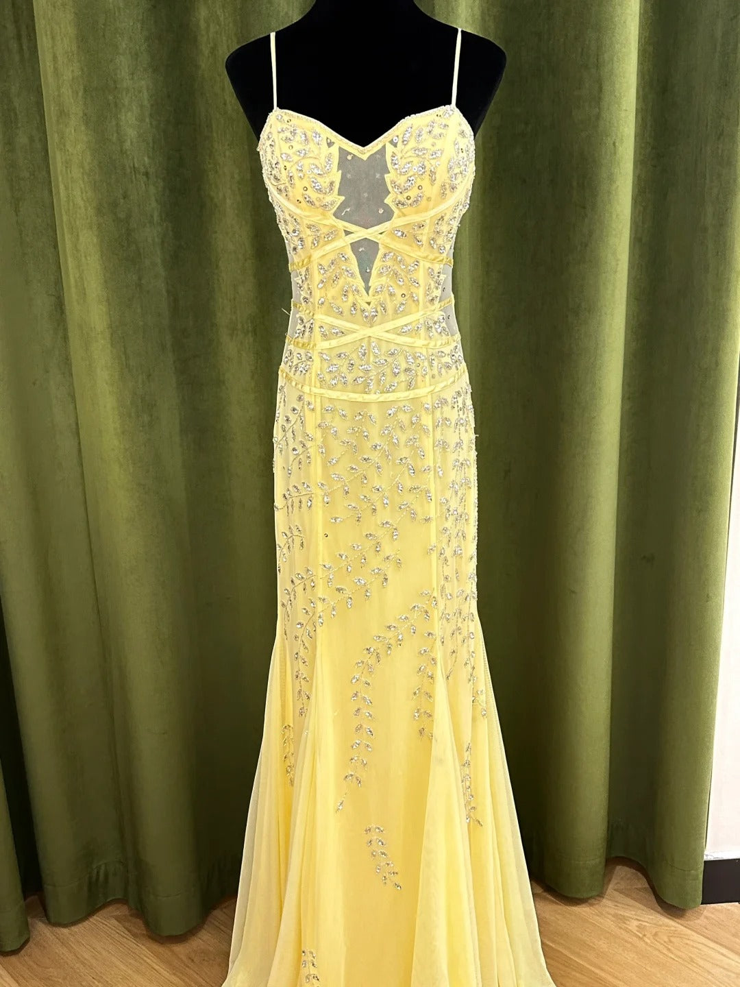 Vintage gelbes Meerjungfrauenblatt Perlen Tüll langes Ballkleid Abendkleid P4832