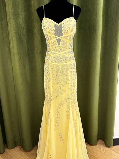 Vintage gelbes Meerjungfrauenblatt Perlen Tüll langes Ballkleid Abendkleid P4832