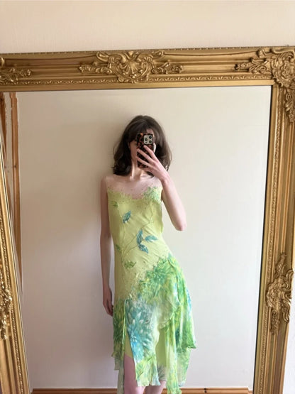 Frisches grünes ärmelloses Blätter-Pailletten-Chiffon-Ballkleid mit unregelmäßigem Saum P4834