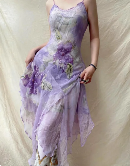 Elegantes Lavendel Spaghettiträger Pailletten Perlen Unregelmäßiges Chiffon Ballkleid P4835