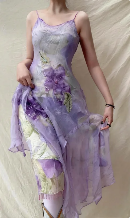 Elegantes Lavendel Spaghettiträger Pailletten Perlen Unregelmäßiges Chiffon Ballkleid P4835