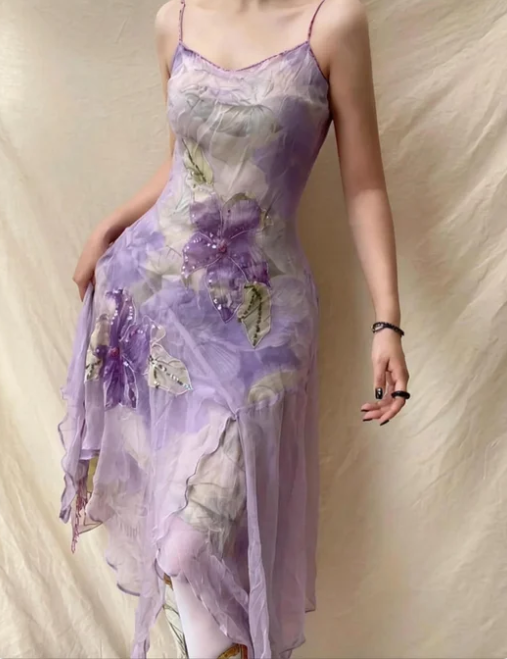 Elegantes Lavendel Spaghettiträger Pailletten Perlen Unregelmäßiges Chiffon Ballkleid P4835