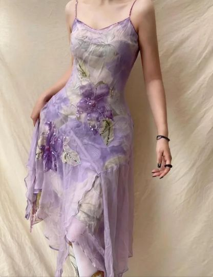 Elegantes Lavendel Spaghettiträger Pailletten Perlen Unregelmäßiges Chiffon Ballkleid P4835