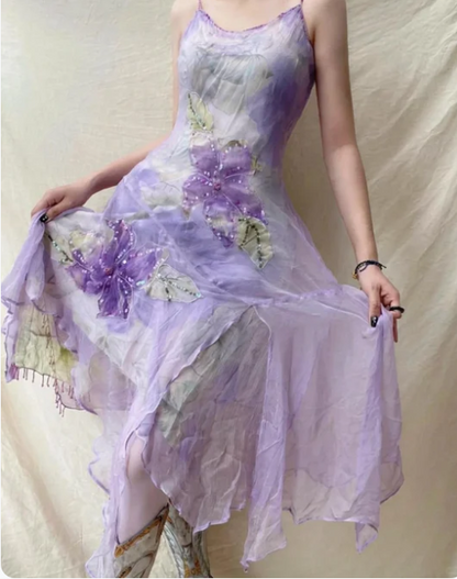 Elegantes Lavendel Spaghettiträger Pailletten Perlen Unregelmäßiges Chiffon Ballkleid P4835