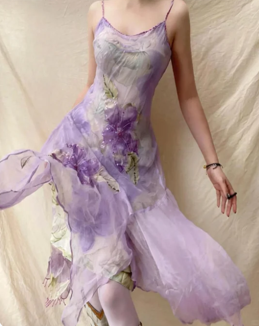 Elegantes Lavendel Spaghettiträger Pailletten Perlen Unregelmäßiges Chiffon Ballkleid P4835
