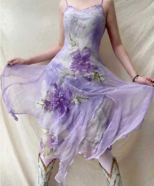 Elegantes Lavendel Spaghettiträger Pailletten Perlen Unregelmäßiges Chiffon Ballkleid P4835