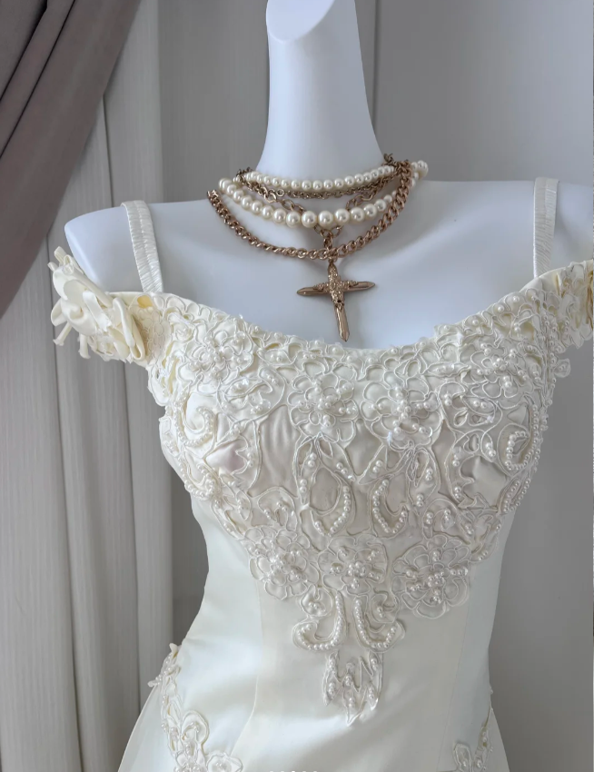 Vintage Ivory Pearl Lace Satin Long Prom Dress P4836  PreppyDress