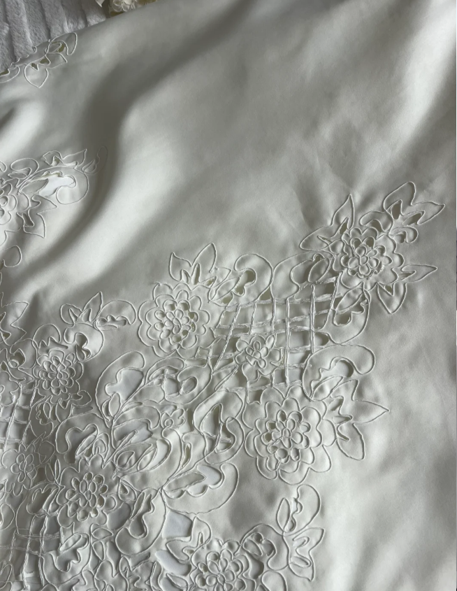 Vintage Elfenbein Perle Spitze Satin Langes Ballkleid P4836