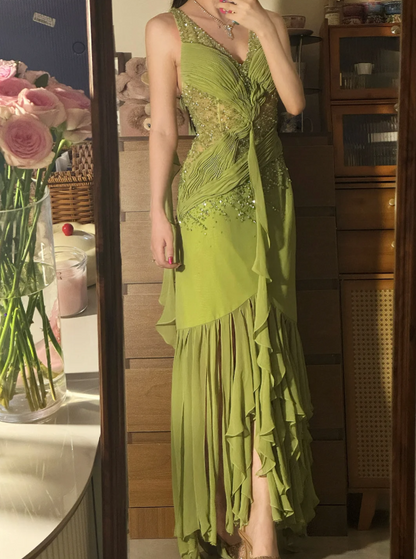 Gorgeous Green V-Neck Beaded Sequin Ruffle Mermaid Chiffon Long Prom Dress Evening Dress P4837