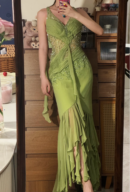 Gorgeous Green V-Neck Beaded Sequin Ruffle Mermaid Chiffon Long Prom Dress Evening Dress P4837