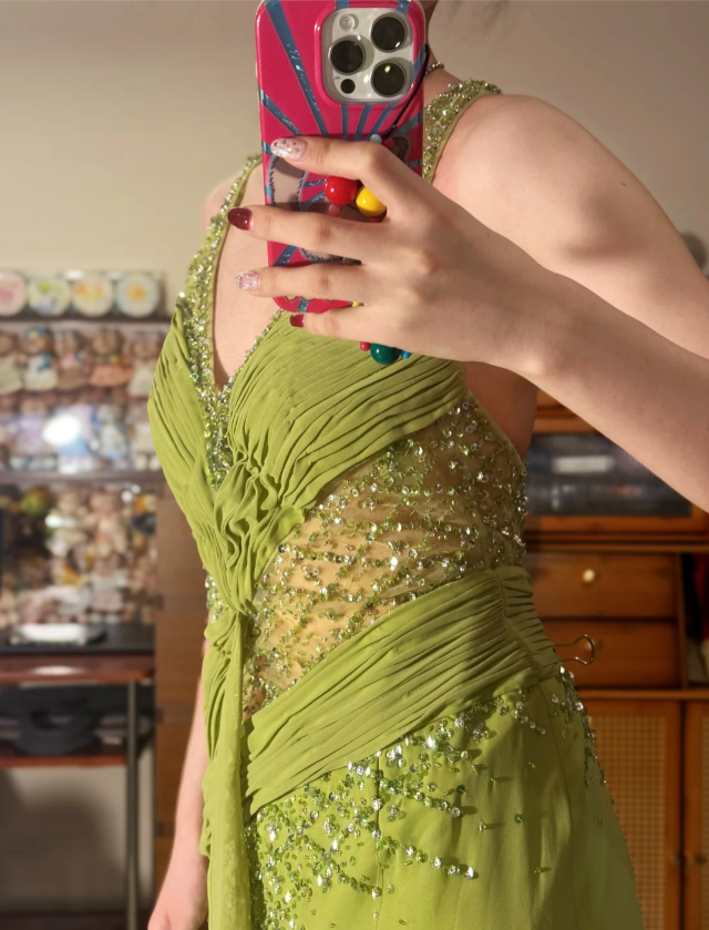 Gorgeous Green V-Neck Beaded Sequin Ruffle Mermaid Chiffon Long Prom Dress Evening Dress P4837