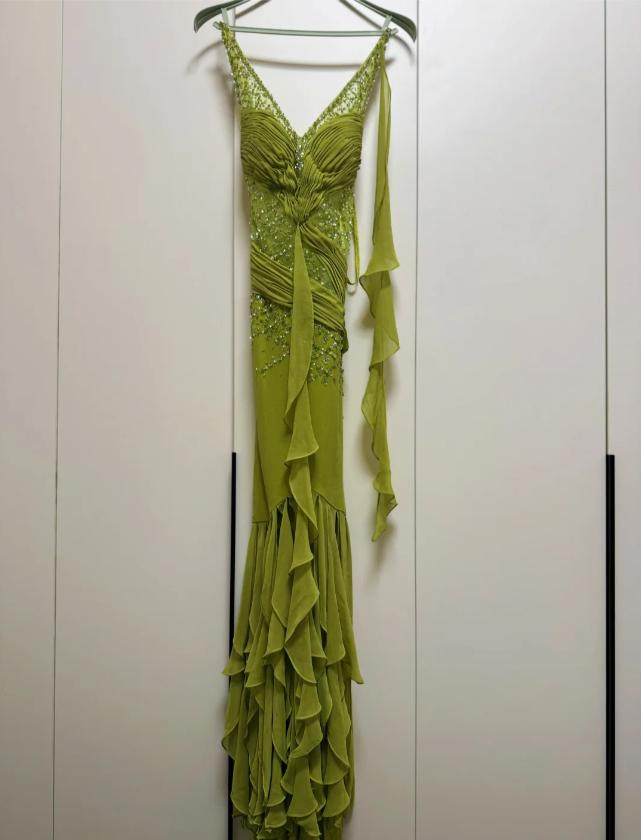 Gorgeous Green V-Neck Beaded Sequin Ruffle Mermaid Chiffon Long Prom Dress Evening Dress P4837