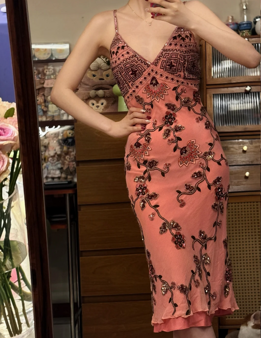 Vintage Pink Spaghetti Strap Sequin Floral Embroidery Slim Chiffon Prom Dress Evening Dress P4838