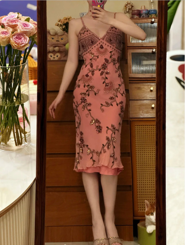 Vintage Pink Spaghetti Strap Sequin Floral Embroidery Slim Chiffon Prom Dress Evening Dress P4838