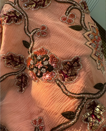 Vintage Pink Spaghetti Strap Sequin Floral Embroidery Slim Chiffon Prom Dress Evening Dress P4838