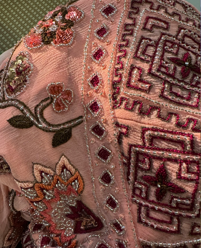 Vintage Pink Spaghetti Strap Sequin Floral Embroidery Slim Chiffon Prom Dress Evening Dress P4838