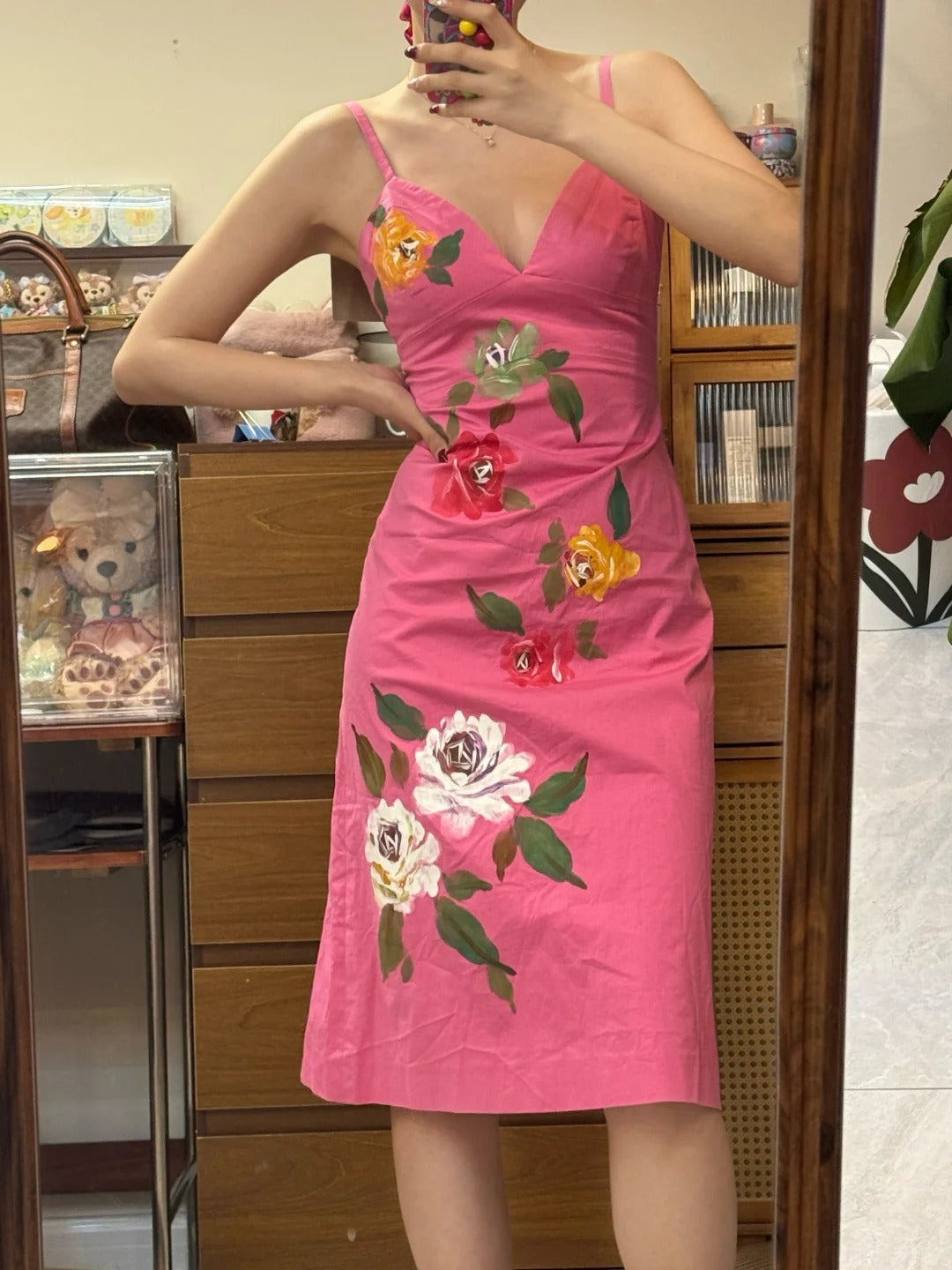 Vintage Rose Pink Spaghetti Strap Print Satin Prom Dress P4839