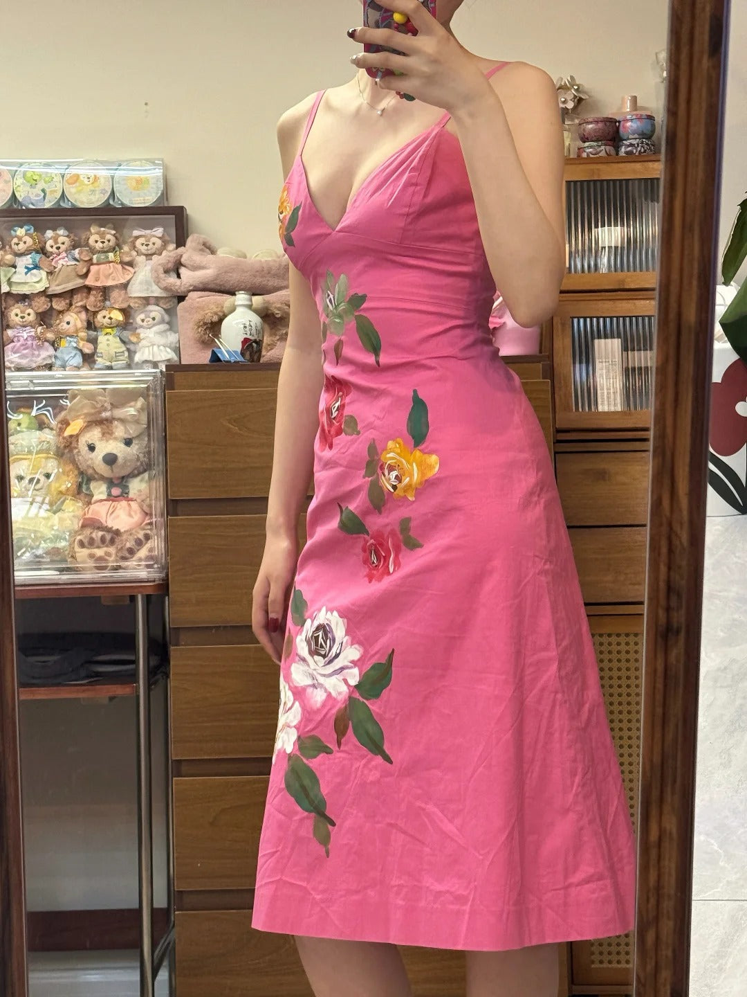 Vintage Rose Pink Spaghetti Strap Print Satin Prom Dress P4839