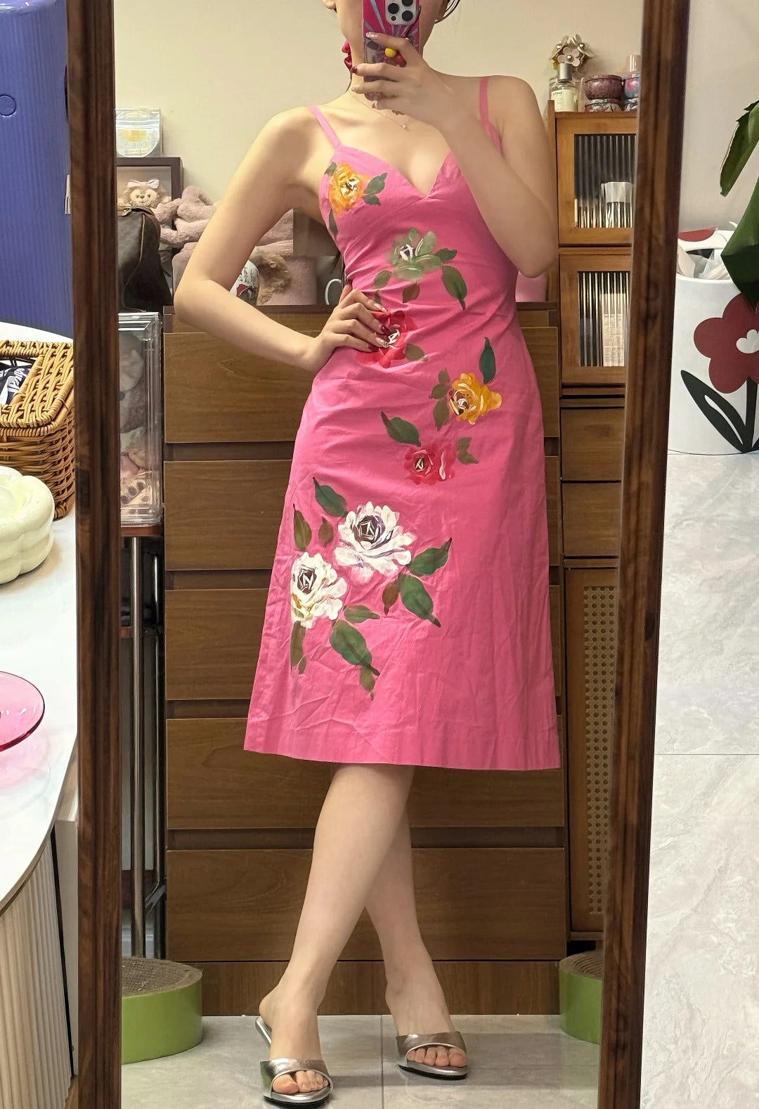 Vintage Rose Pink Spaghetti Strap Print Satin Prom Dress P4839