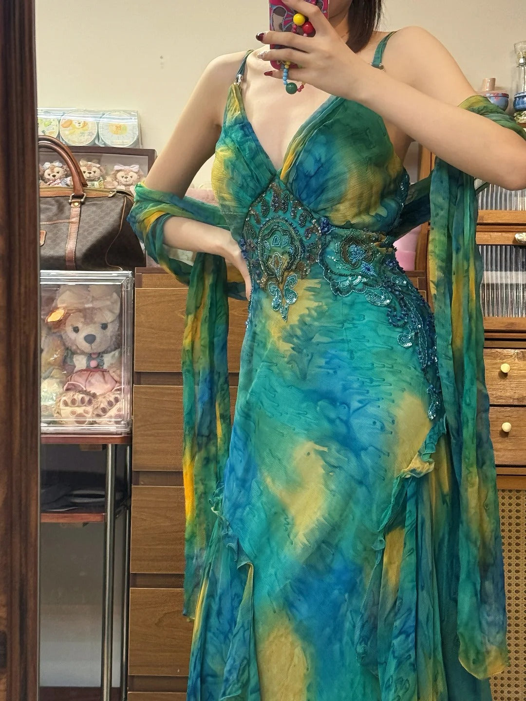 Gorgeous Blue-Green Tie-Dye Spaghetti Strap Beaded Irregular Chiffon Long Prom Dress P4840