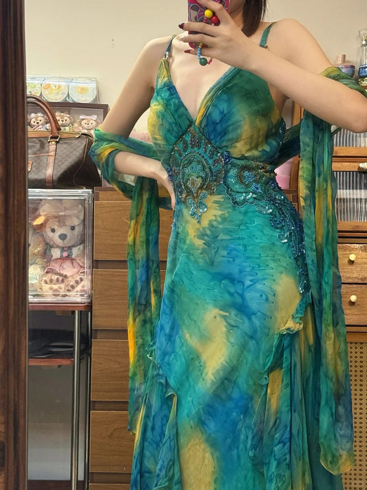 Gorgeous Blue-Green Tie-Dye Spaghetti Strap Beaded Irregular Chiffon Long Prom Dress P4840