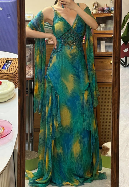 Gorgeous Blue-Green Tie-Dye Spaghetti Strap Beaded Irregular Chiffon Long Prom Dress P4840