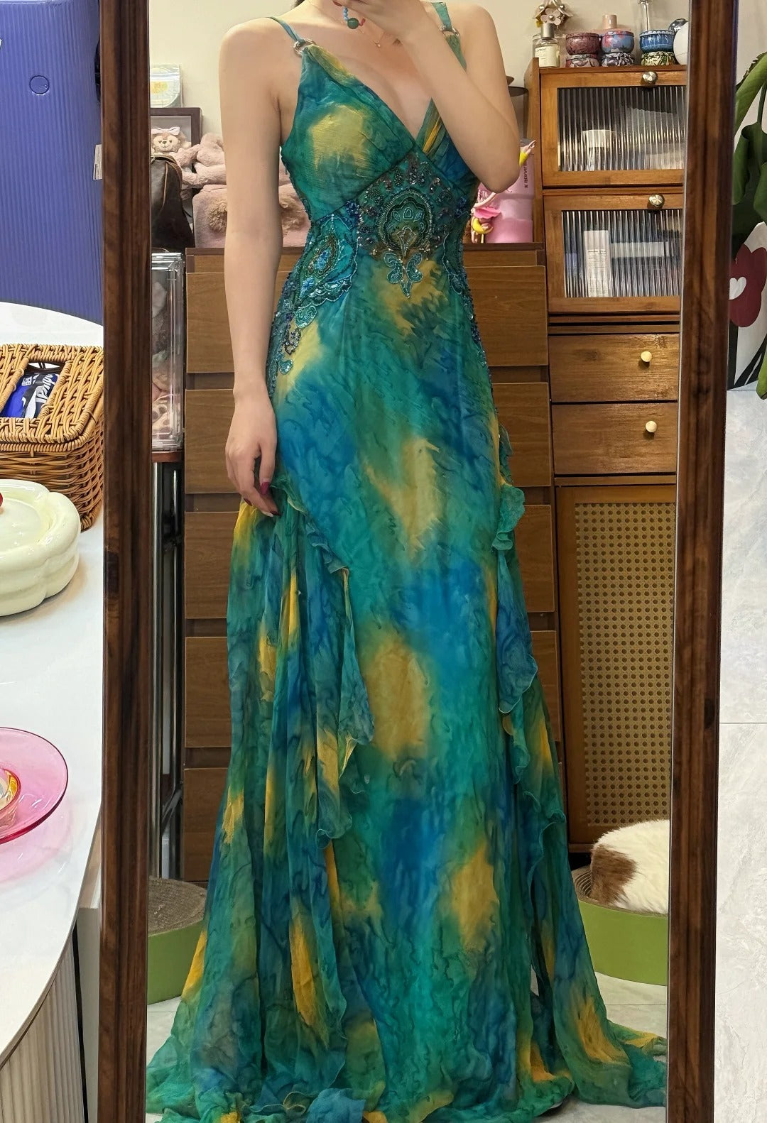 Gorgeous Blue-Green Tie-Dye Spaghetti Strap Beaded Irregular Chiffon Long Prom Dress P4840