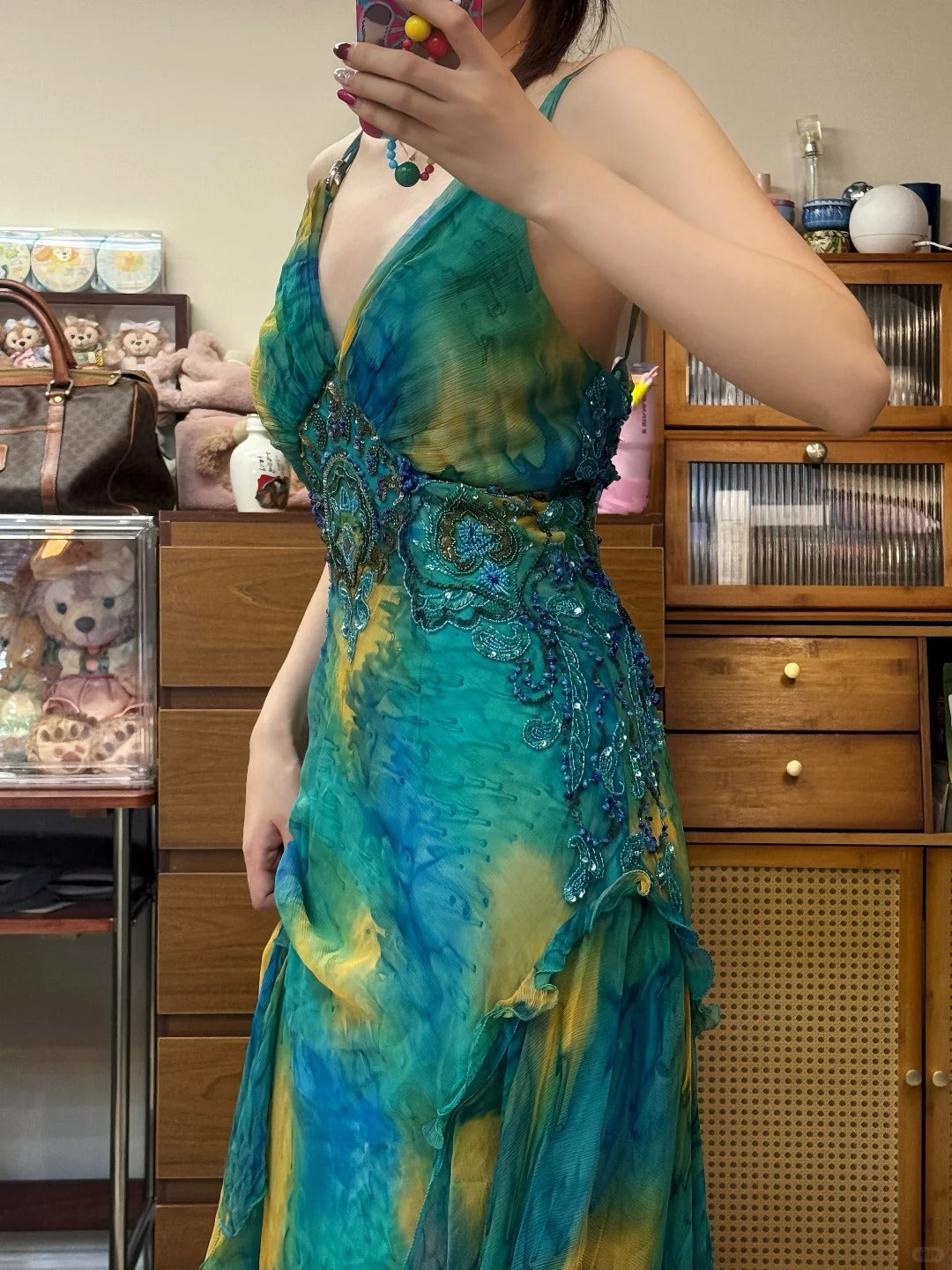 Gorgeous Blue-Green Tie-Dye Spaghetti Strap Beaded Irregular Chiffon Long Prom Dress P4840