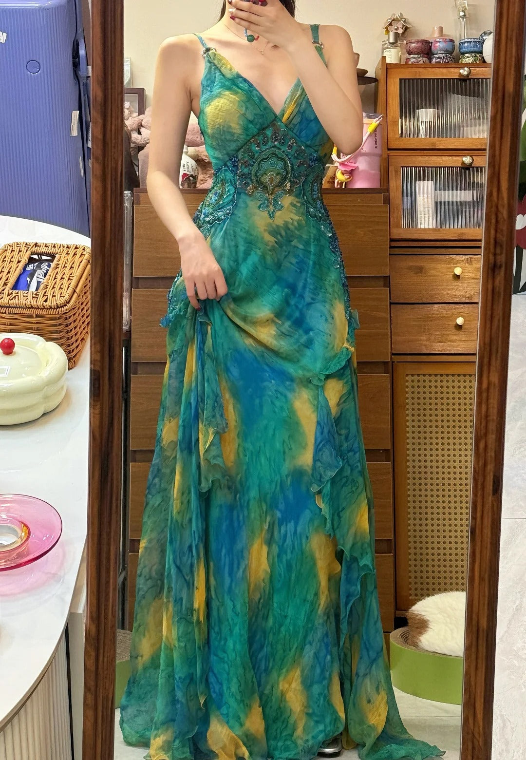 Gorgeous Blue-Green Tie-Dye Spaghetti Strap Beaded Irregular Chiffon Long Prom Dress P4840