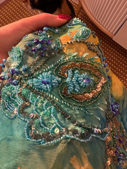 Gorgeous Blue-Green Tie-Dye Spaghetti Strap Beaded Irregular Chiffon Long Prom Dress P4840