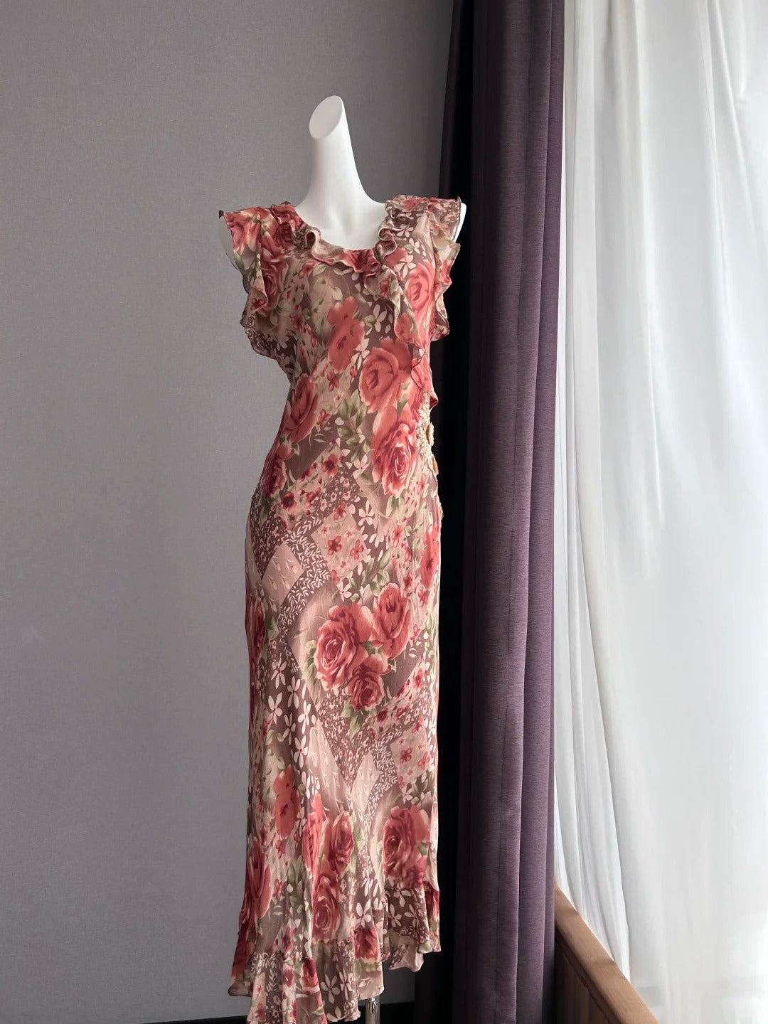 Vintage Kaffee Rosa Ärmellos Rüschen Meerjungfrau Chiffon Langes Ballkleid Abendkleid P4841