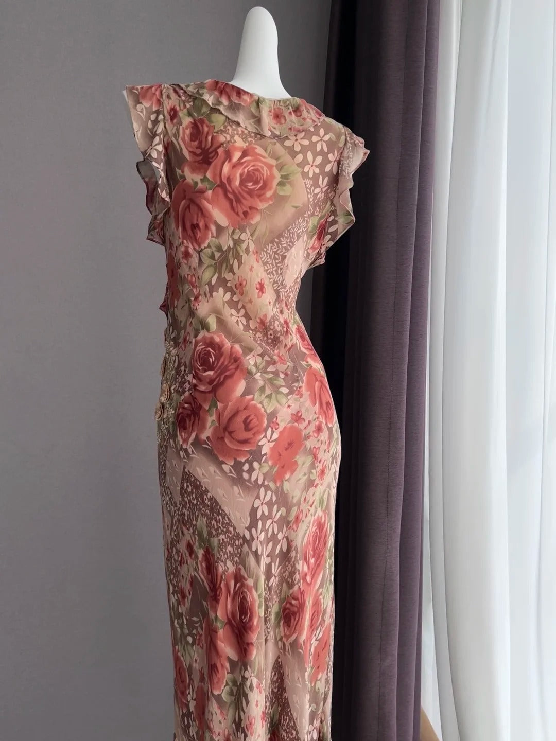 Vintage Kaffee Rosa Ärmellos Rüschen Meerjungfrau Chiffon Langes Ballkleid Abendkleid P4841