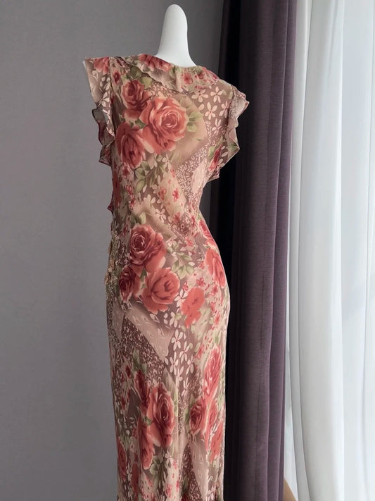 Vintage Coffee Pink Rose Sleeveless Ruffle Mermaid Chiffon Long Prom Dress Evening Dress P4841