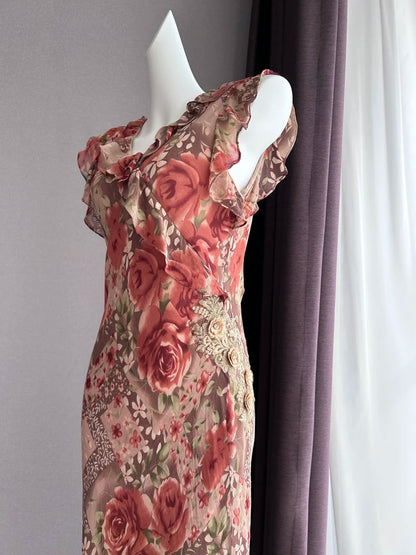 Vintage Kaffee Rosa Ärmellos Rüschen Meerjungfrau Chiffon Langes Ballkleid Abendkleid P4841