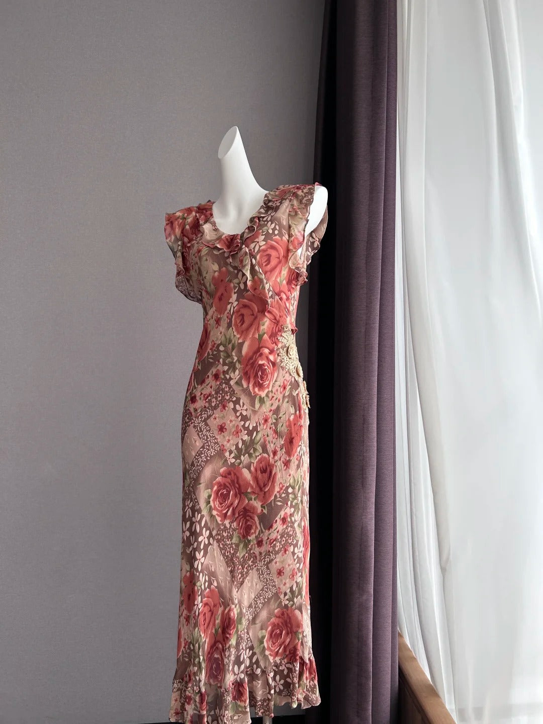 Vintage Kaffee Rosa Ärmellos Rüschen Meerjungfrau Chiffon Langes Ballkleid Abendkleid P4841