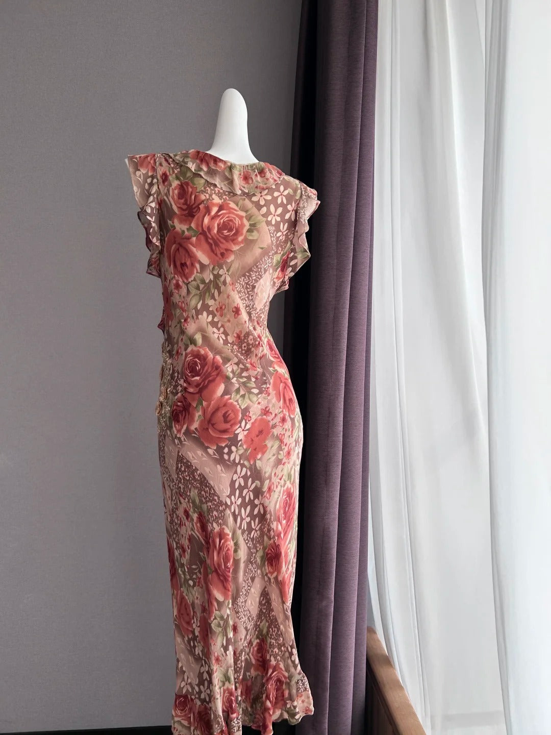 Vintage Kaffee Rosa Ärmellos Rüschen Meerjungfrau Chiffon Langes Ballkleid Abendkleid P4841