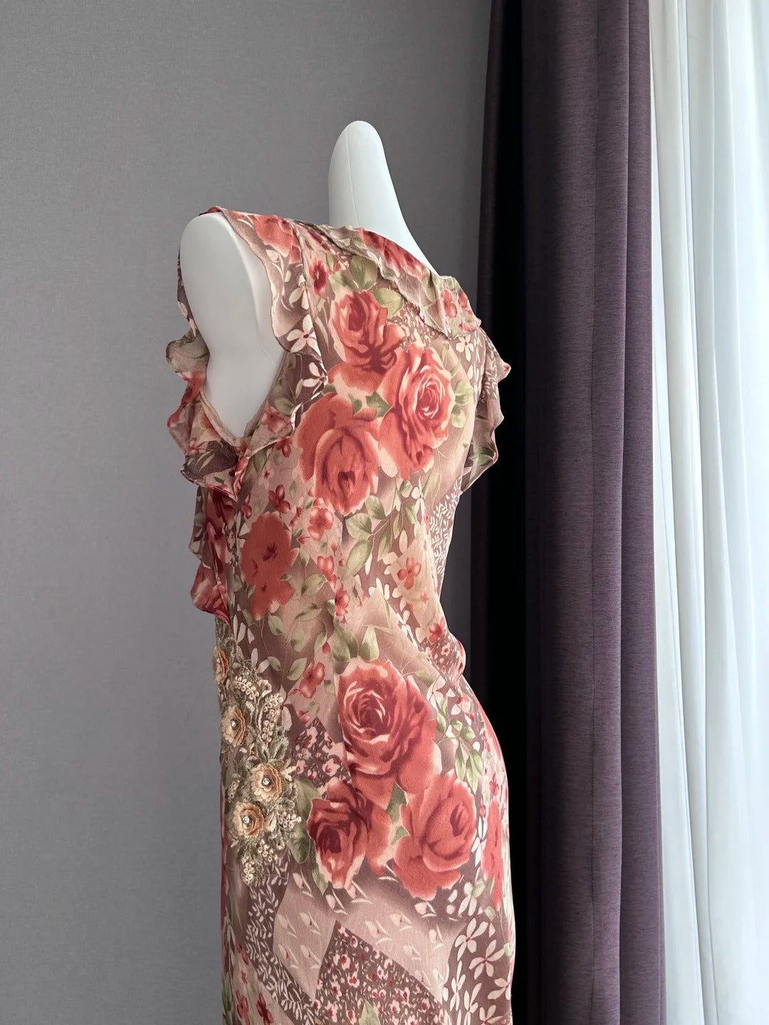 Vintage Kaffee Rosa Ärmellos Rüschen Meerjungfrau Chiffon Langes Ballkleid Abendkleid P4841