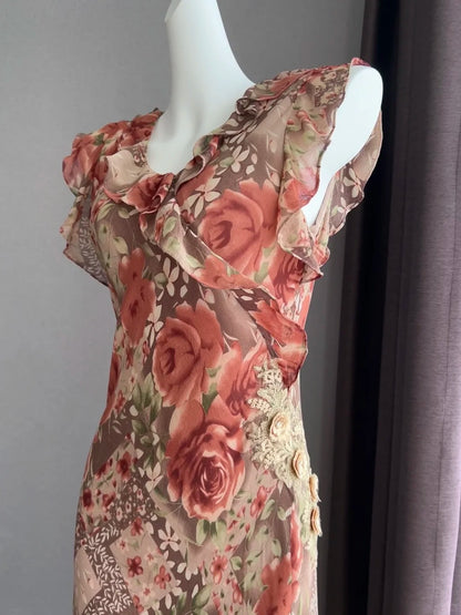 Vintage Kaffee Rosa Ärmellos Rüschen Meerjungfrau Chiffon Langes Ballkleid Abendkleid P4841