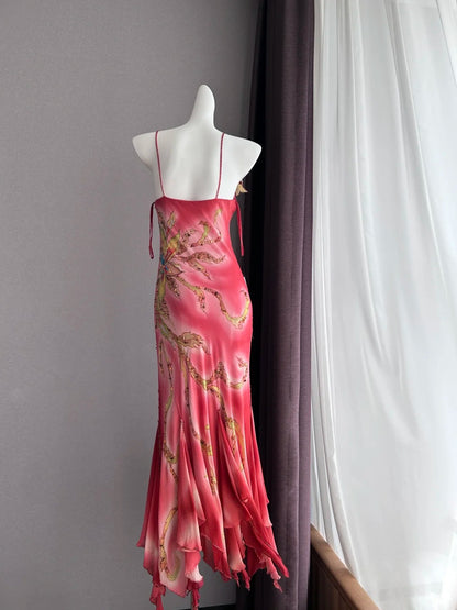 Verträumtes pinkes Ombré-Spaghettiträger-Kleid mit Perlen, unregelmäßigen Rüschen, Meerjungfrauen-Schnitt, Chiffon, langes Ballkleid, Abendkleid P4842