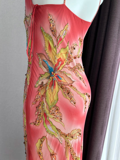 Verträumtes pinkes Ombré-Spaghettiträger-Kleid mit Perlen, unregelmäßigen Rüschen, Meerjungfrauen-Schnitt, Chiffon, langes Ballkleid, Abendkleid P4842